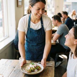A smiling server places a brunch dish on a wooden table for a happy customer in a warmly lit restaurant.