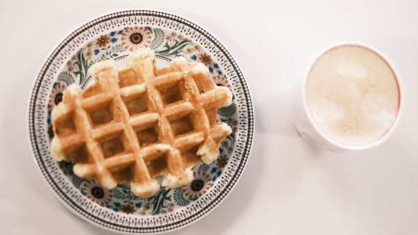a waffle and coffee