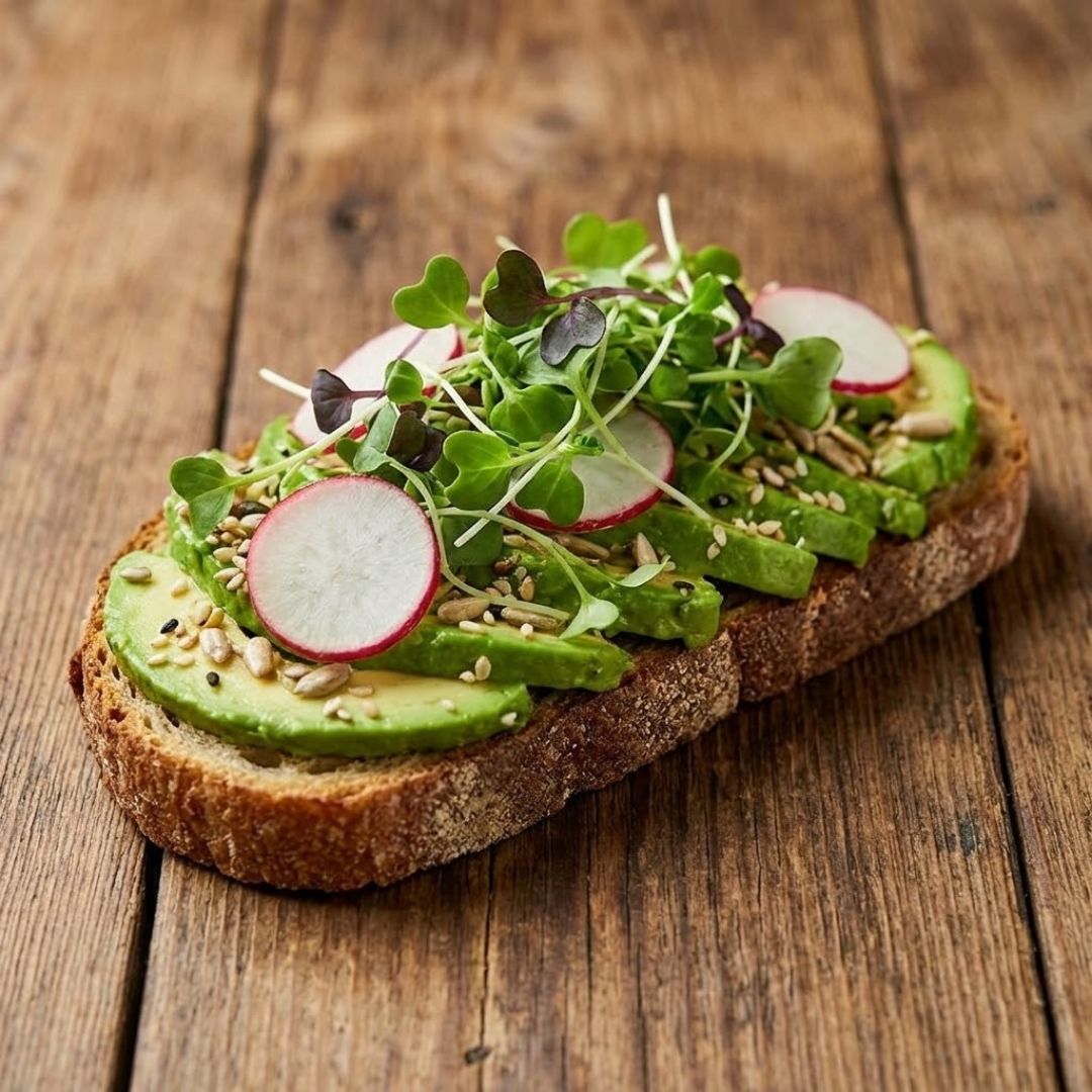 A beautifully plated artisanal gluten-free avocado toast garnished with fresh microgreens on a rustic wooden table.