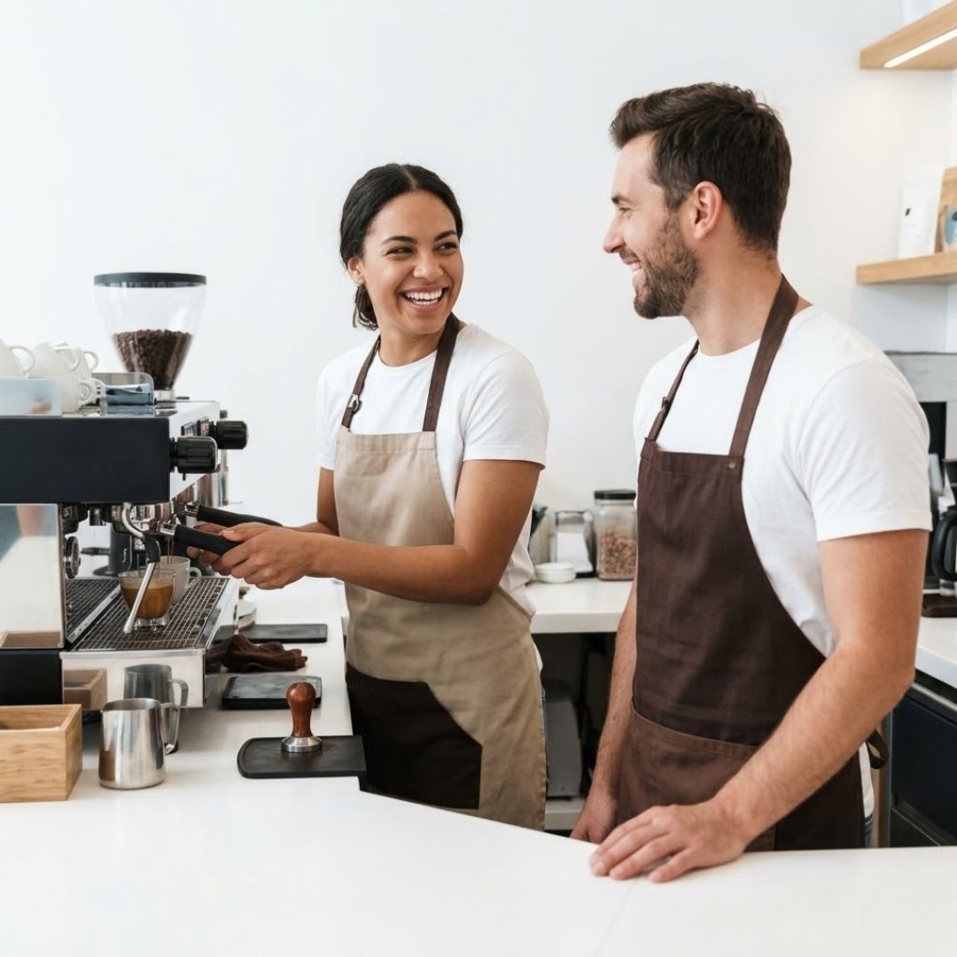 Two cheerful cafe employees in aprons interacting warmly while preparing espresso beverages behind a clean counter.
