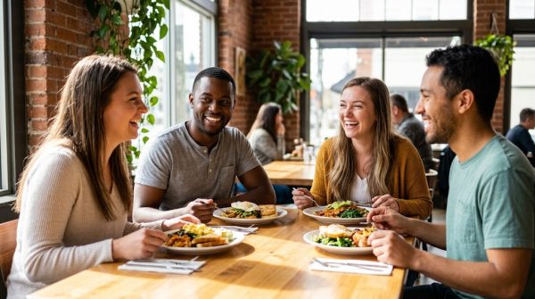 A diverse group of smiling friends enjoying a gluten-free Sunday brunch.