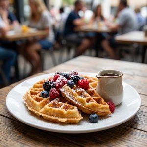 A close-up of delicious golden-brown gluten-free waffles and fresh berries.
